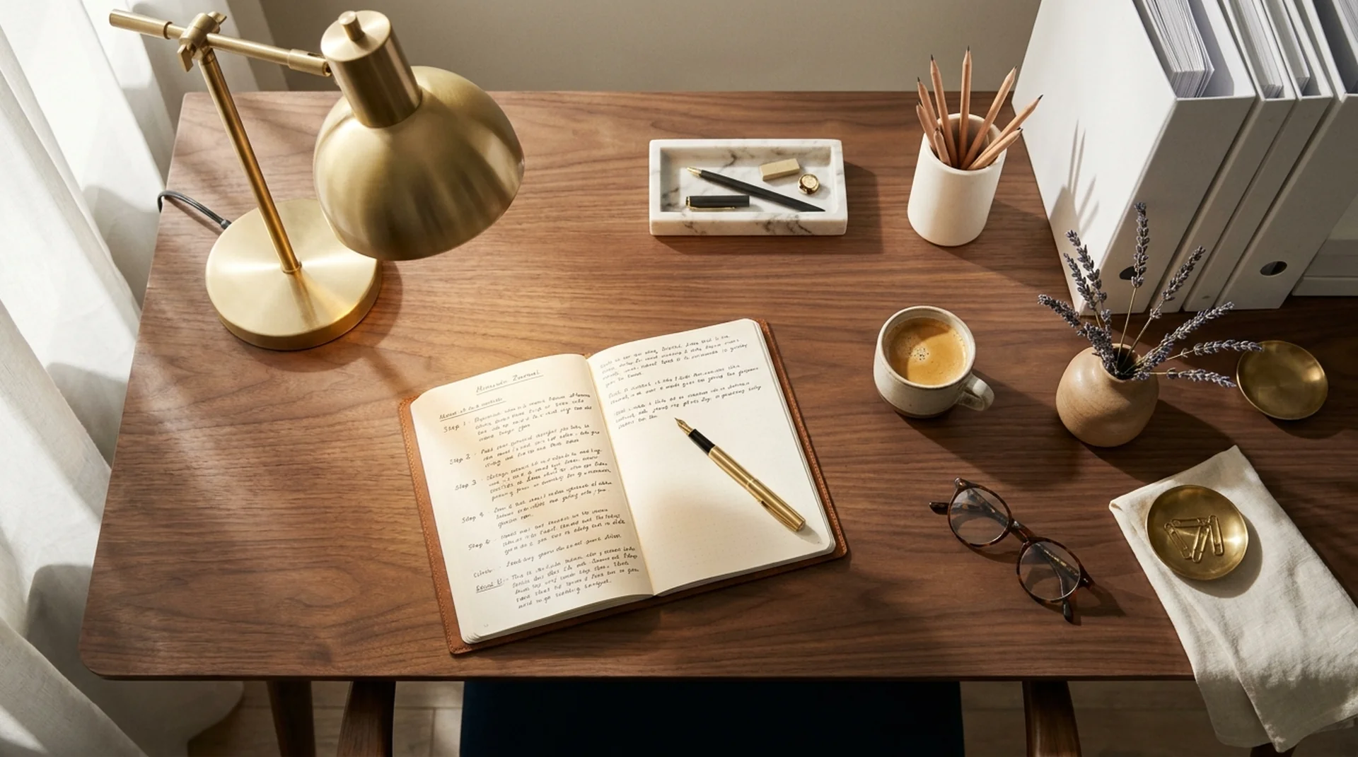 A beautifully styled walnut desk workspace with brass lamp, leather journal, fountain pen, and minimalist organizers